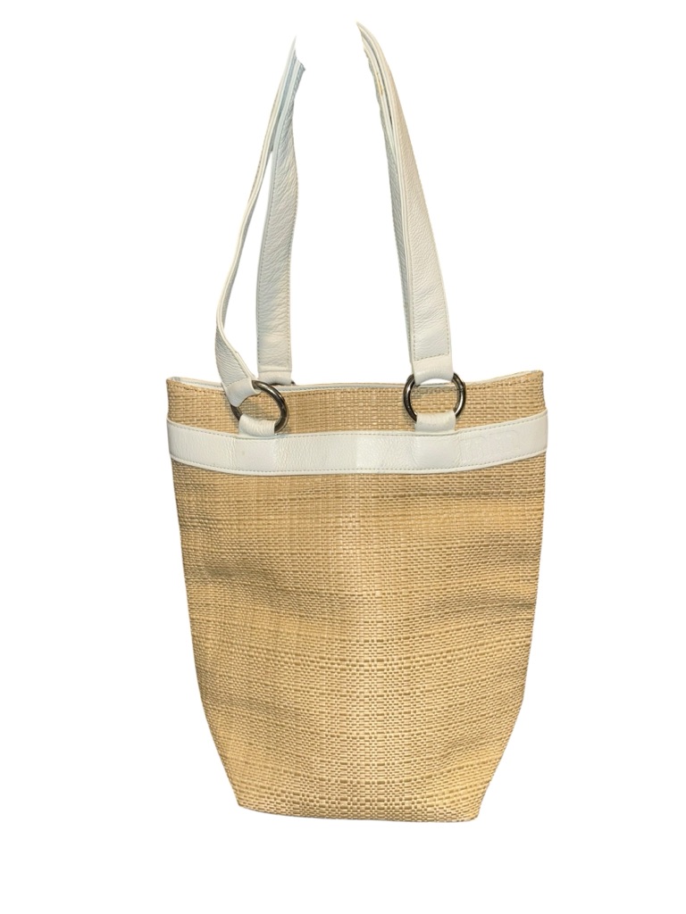 Woven Straw Tote Bag With White Trim
